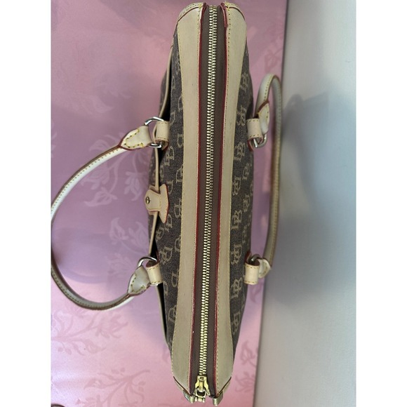 Vintage Dooney & Bourke Satchel Bag DB Monogram Tan Leather Trimmed Zip Top - Picture 4 of 10